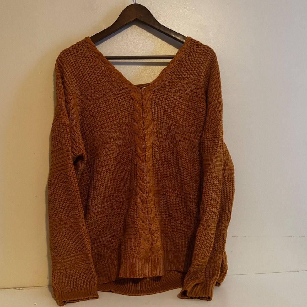 Allison Brittney Plus Women's 2X Rust Orange Lace Up Cable Knit Sweater Fall